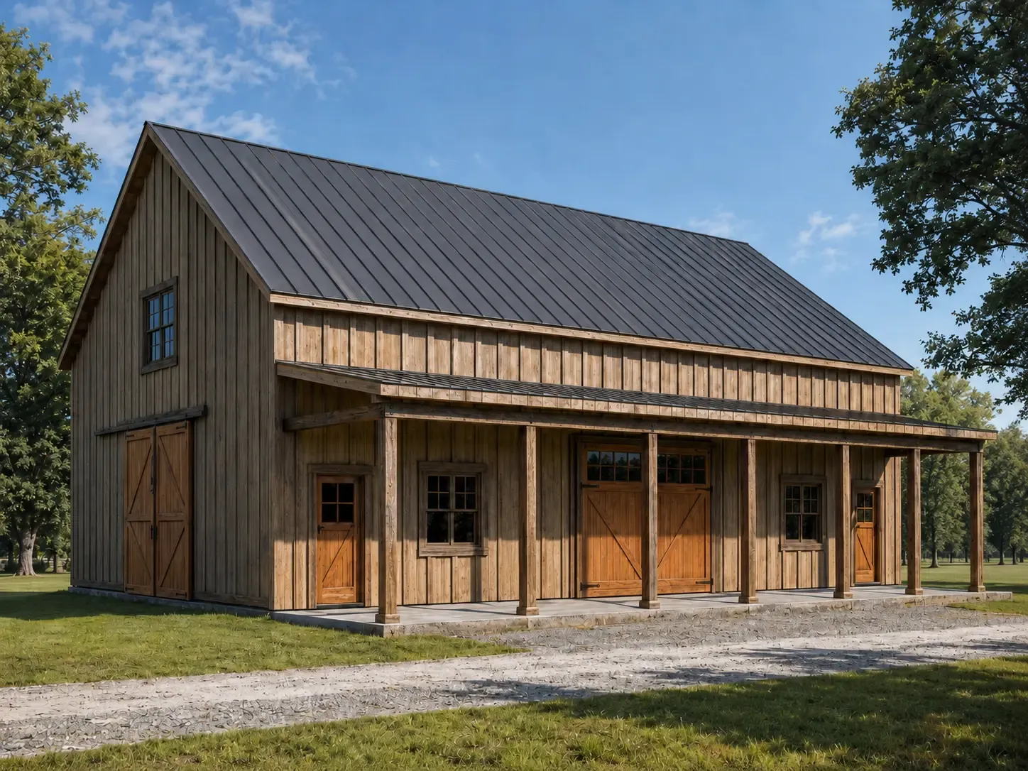 Concept rendering of the planned timber-frame Exhibition Barn: weathered board-and-batten siding, a metal roof, sliding barn doors, and a covered porch
