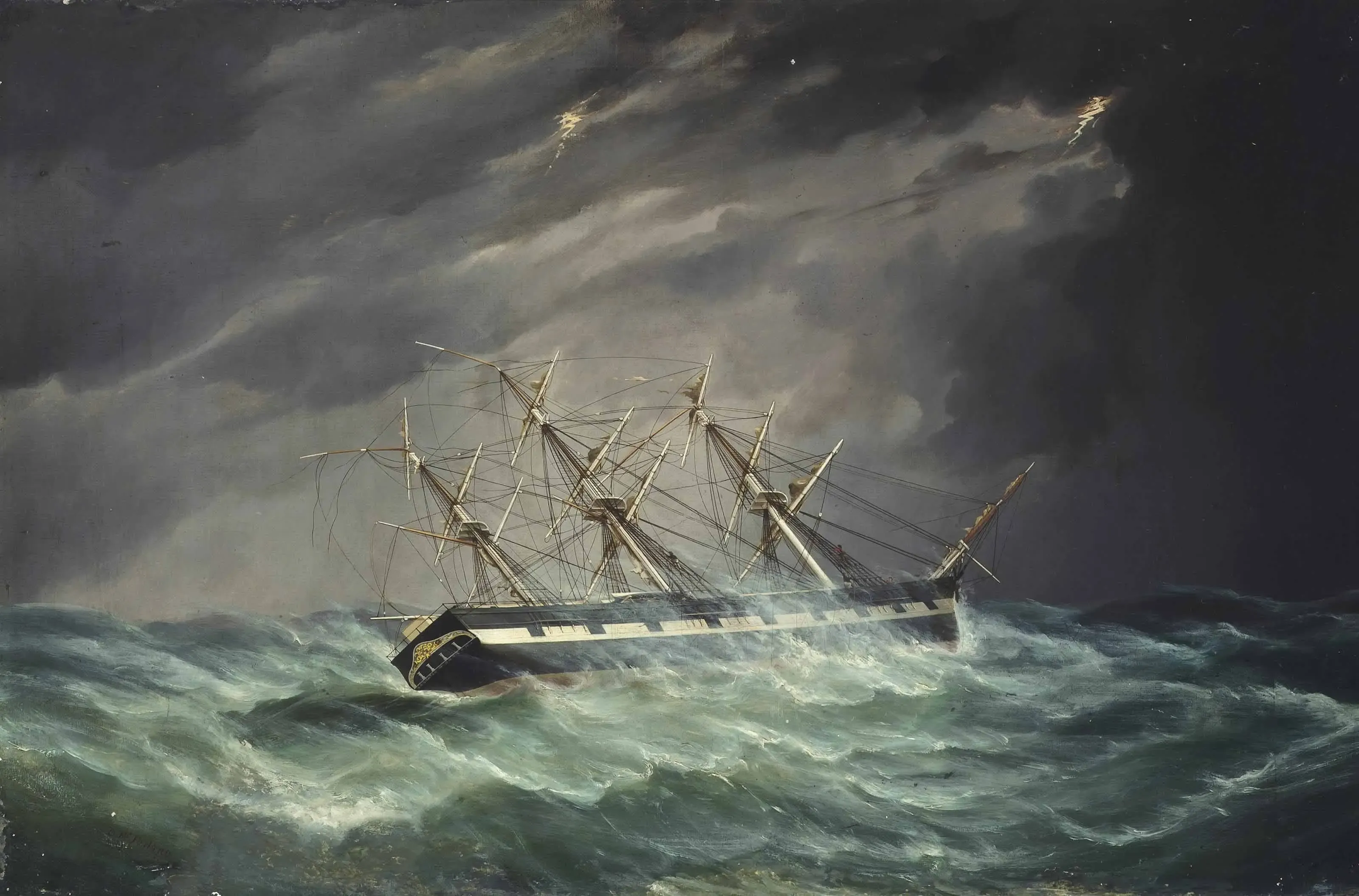 Painting of a three-masted emigrant sailing ship heeling through enormous dark waves under a storm sky