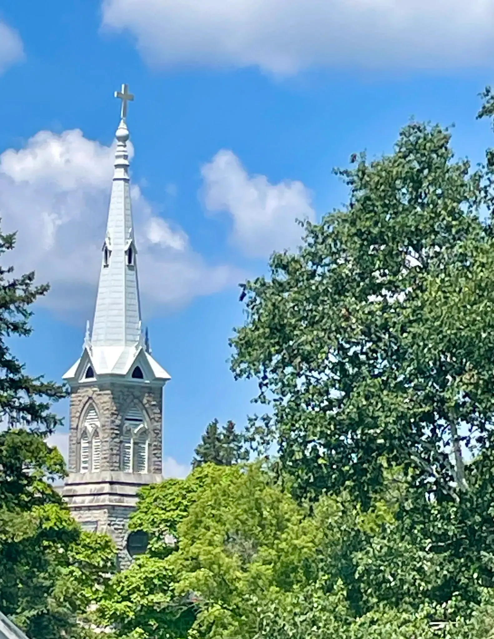The steeple of the 1884 Trinity church rising above summer trees against a blue sky