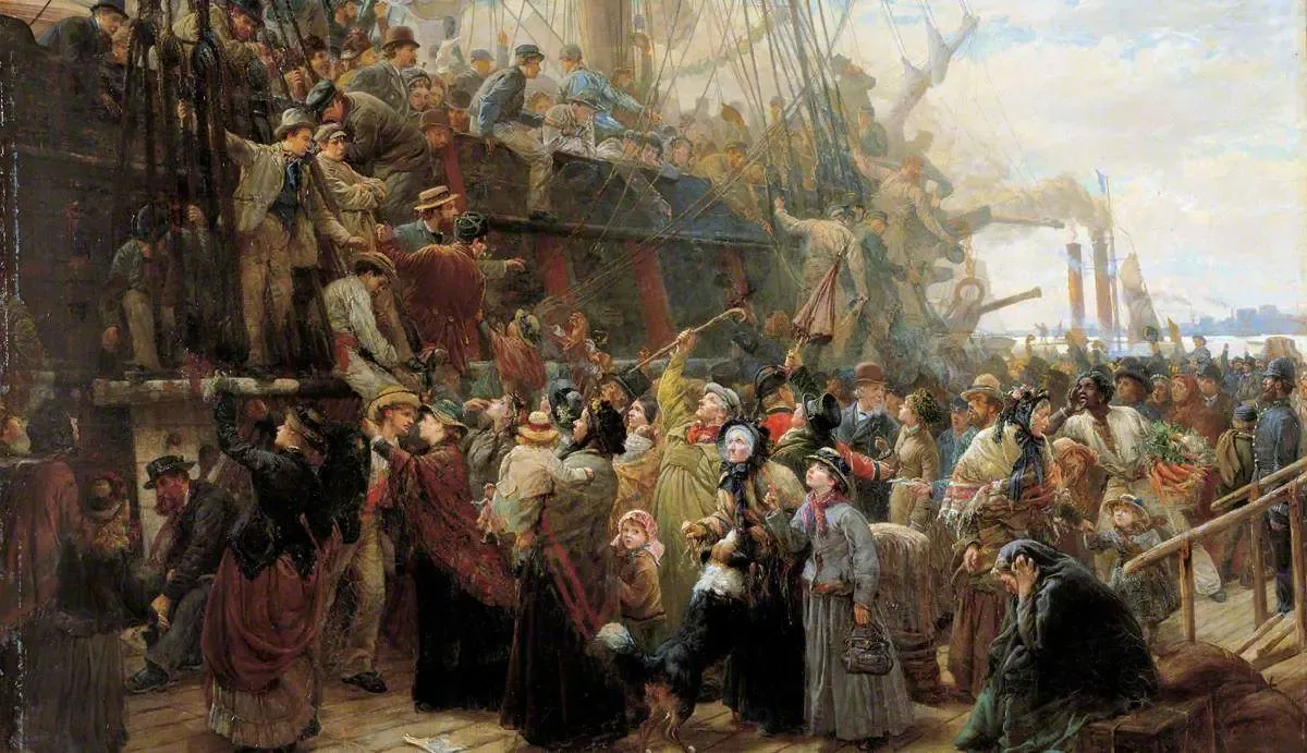 Painting of emigrants crowded on the deck of a sailing ship as it leaves harbor, families waving farewell toward the shore