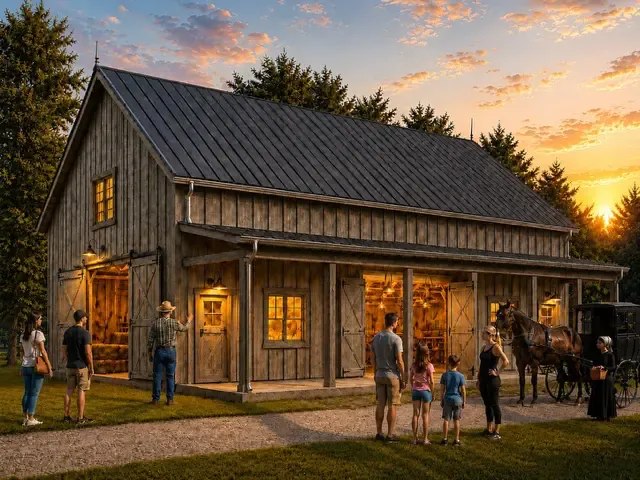 AI-generated dusk concept rendering of the planned Exhibition Barn with visitors and a horse-drawn wagon on the historic grounds