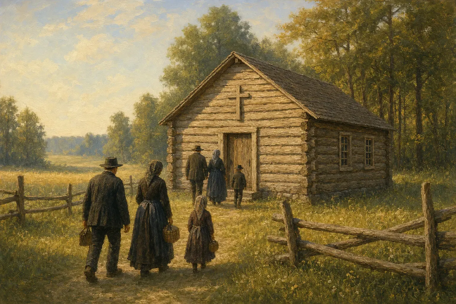 AI-rendered painting of the 1840 log church in a forest clearing, Pomeranian settler families walking to worship past a split-rail fence