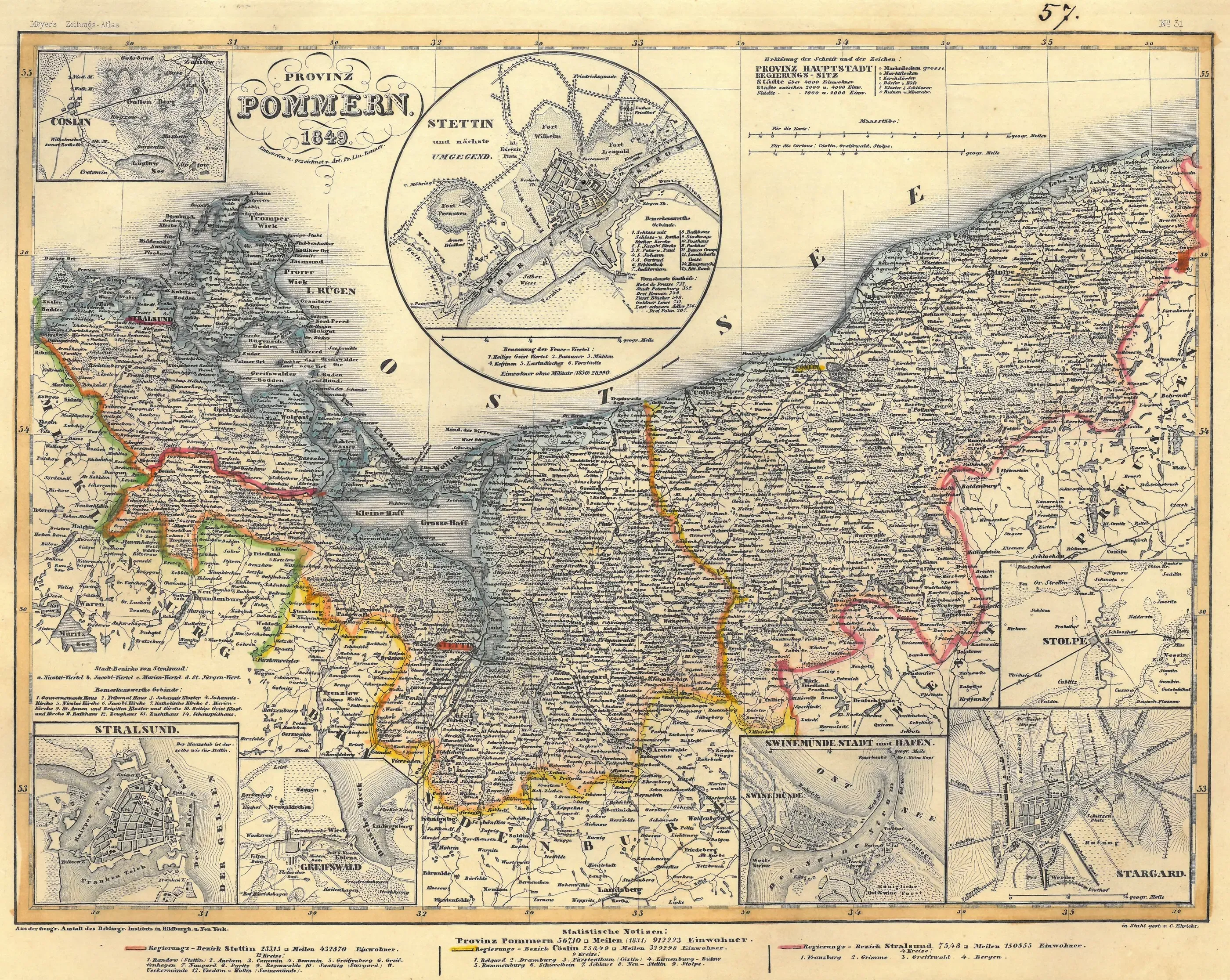 Hand-colored 1849 steel-engraved map of the Prussian province of Pomerania along the Baltic coast, with inset city plans including Stettin